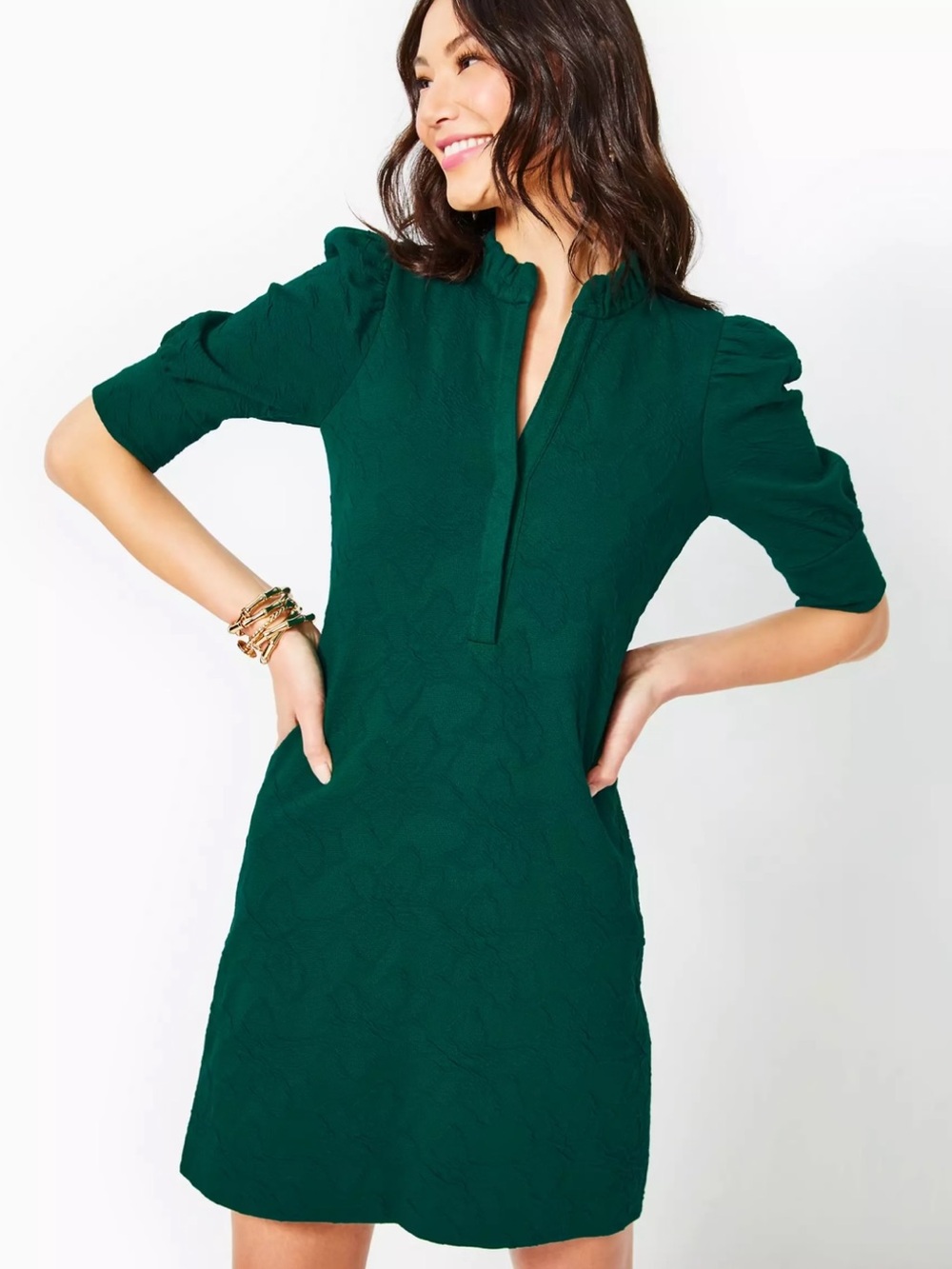 Like New Lilly Pulitzer Elsey Popover Dress in evergreen knit puckered jacquard